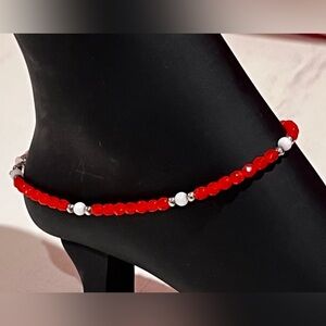 Vibrant Red and White Handmade Beaded Ankle Bracelet